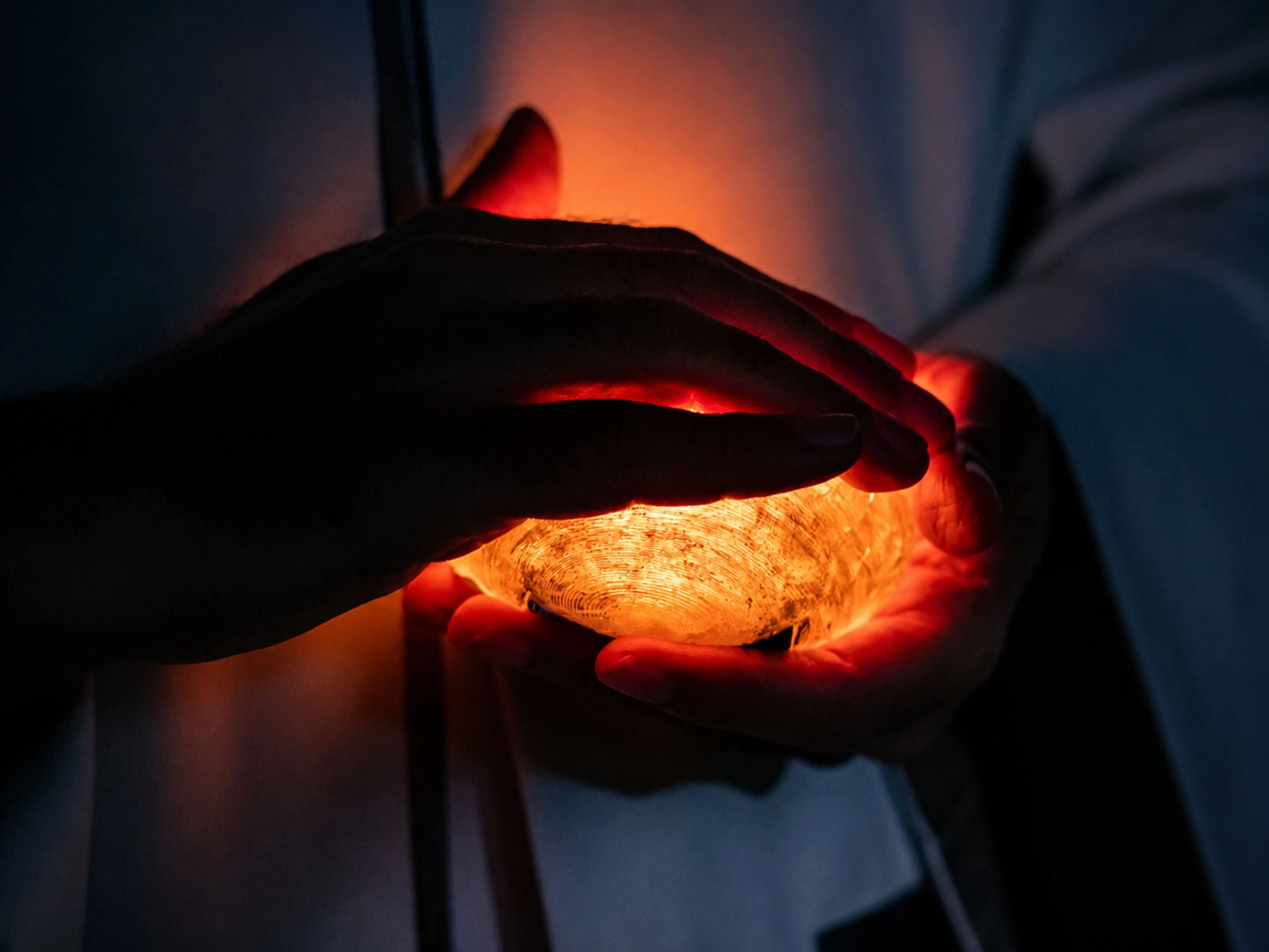 Cupped hands cradling a glowing orange ember prop during the Natural History Museum live broadcast